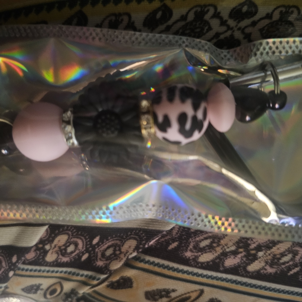 Pink and Black Beaded Keychain